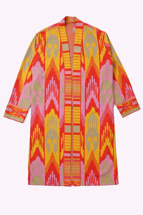 Long coat in cotton blend patterned jacquard